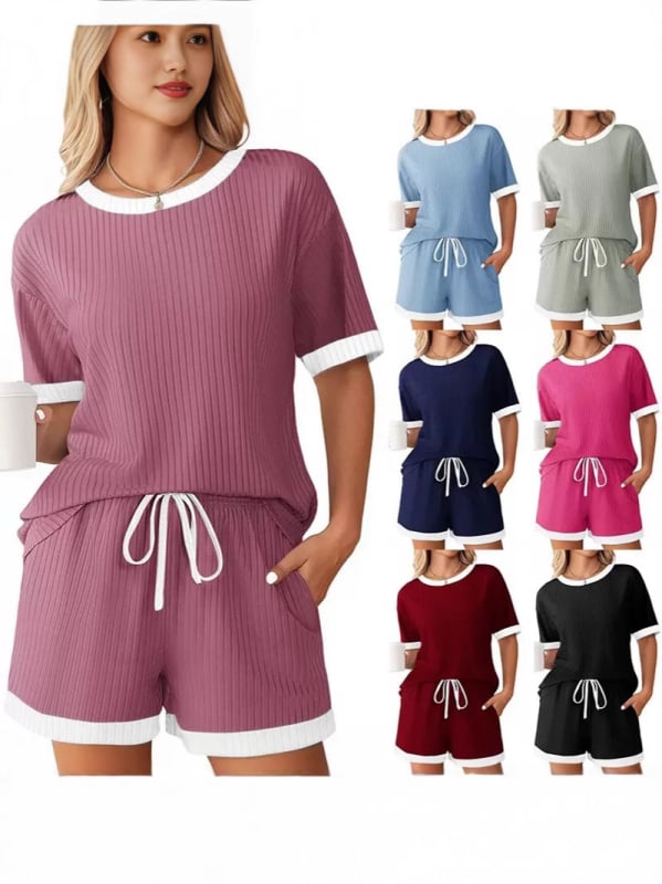 Pijamale casual cu mânecă scurtă pentru femei transfrontaliere europene și americane din vară 2025, cu guler rotund, culoare solidă, cu striptease, Amazon