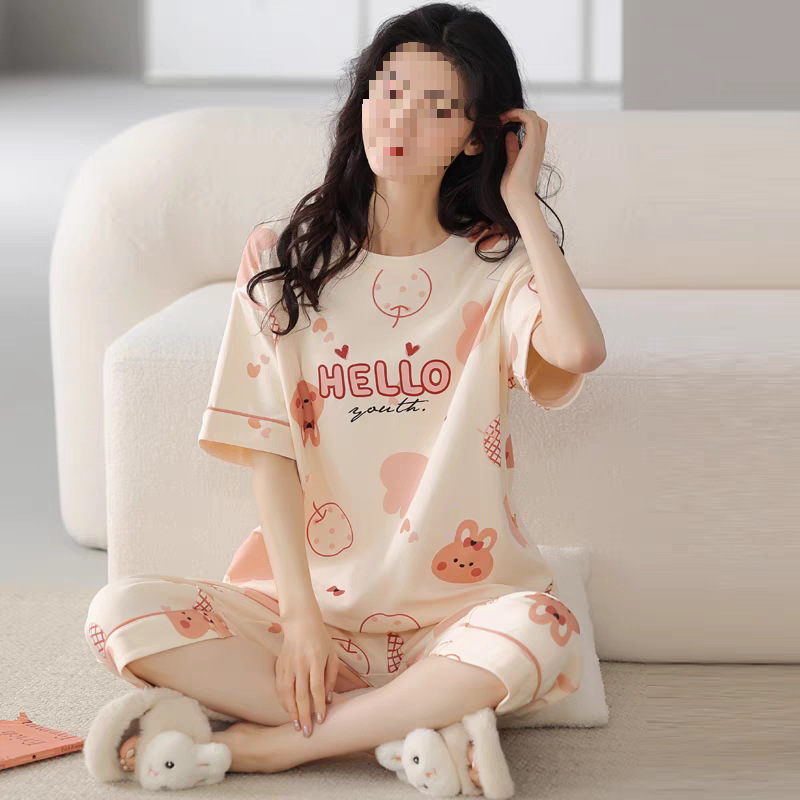 2025. aasta uued naiste pidžaamad, lühikeste varrukatega kärbitud püksid, moekostüüm, vabaaja etnilise stiili noore ema koduriided