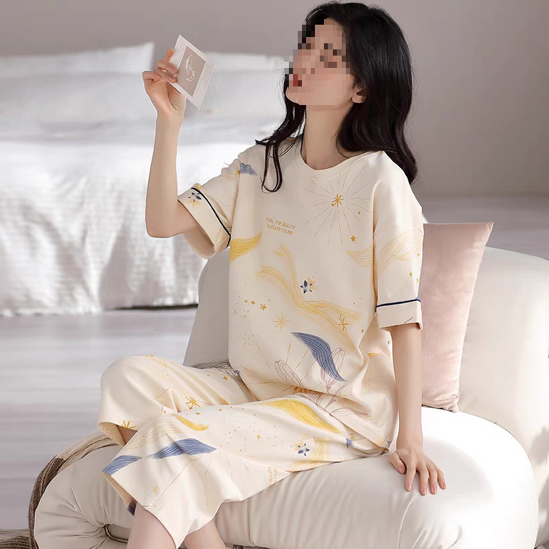 2025. aasta uued naiste pidžaamad, lühikeste varrukatega kärbitud püksid, moekostüüm, vabaaja etnilise stiili noore ema koduriided