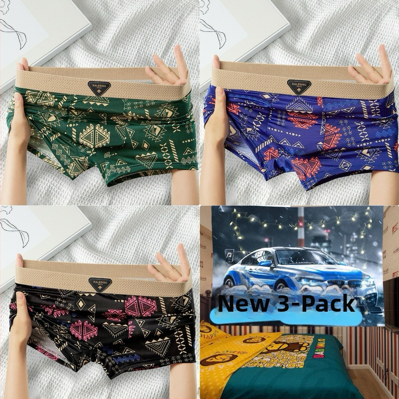 [Viena paciņa] Amerikāņu retro etniskā stila vīriešu apakšveļa Vīriešu ledus zīda elpojošas bokseršorti ar apdrukātu bokseršortu