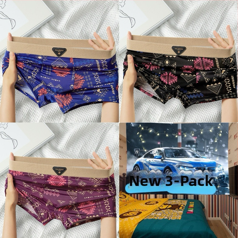 [Viena paciņa] Amerikāņu retro etniskā stila vīriešu apakšveļa Vīriešu ledus zīda elpojošas bokseršorti ar apdrukātu bokseršortu