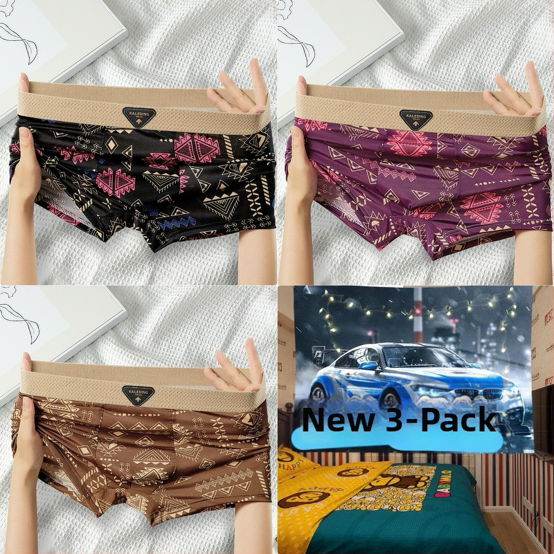 [Viena paciņa] Amerikāņu retro etniskā stila vīriešu apakšveļa Vīriešu ledus zīda elpojošas bokseršorti ar apdrukātu bokseršortu