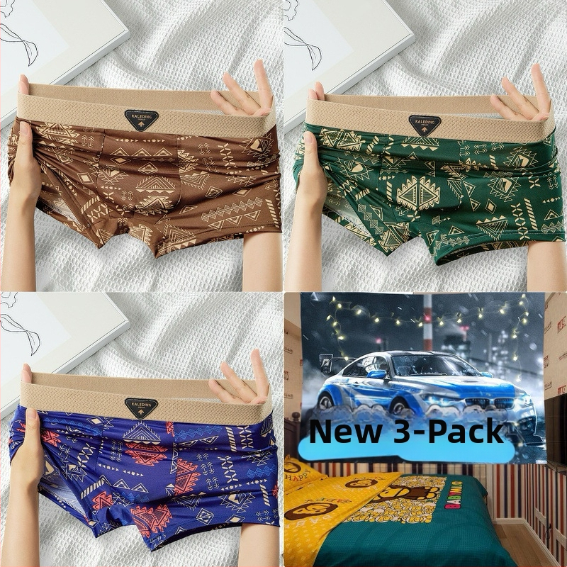 [Viena paciņa] Amerikāņu retro etniskā stila vīriešu apakšveļa Vīriešu ledus zīda elpojošas bokseršorti ar apdrukātu bokseršortu