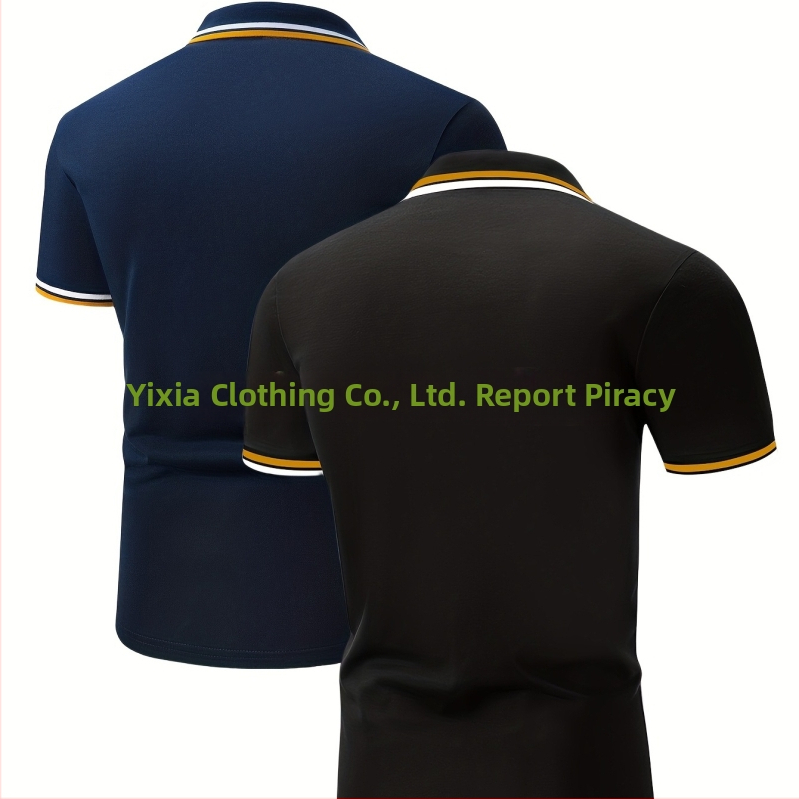 Комплект мъжки ризи с къс ръкав и контрастна яка - лек полиестер, меко синьо и розово