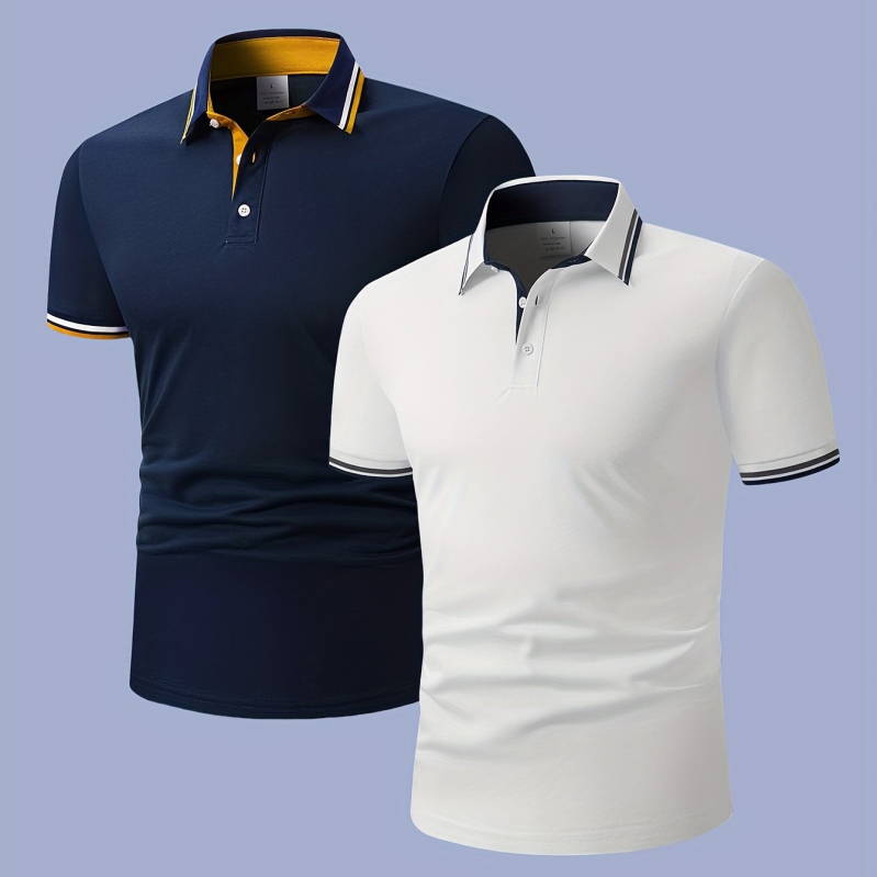 Комплект мъжки ризи с къс ръкав и контрастна яка - лек полиестер, меко синьо и розово