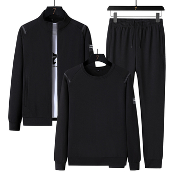 Vabaaja hea ümara kaelusega jakk, kardigan, sügisene pikkade varrukatega top-püksid, sõnadega, kolmeosaline meeste sportlik ülikond laos.