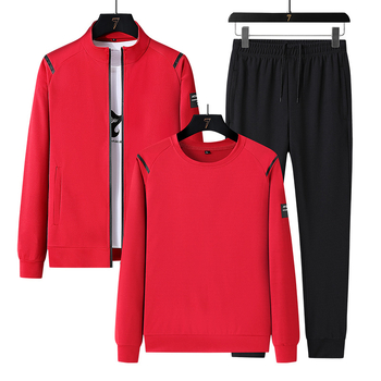 Vabaaja hea ümara kaelusega jakk, kardigan, sügisene pikkade varrukatega top-püksid, sõnadega, kolmeosaline meeste sportlik ülikond laos.