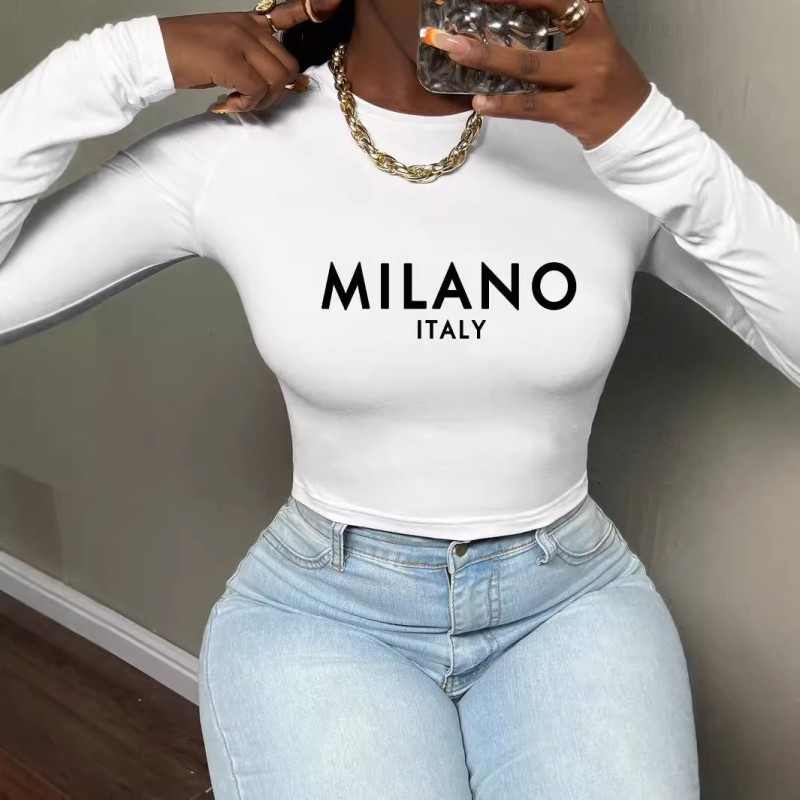 Tricou de damă cu mânecă lungă, slim fit, casual, toamna și iarna 2024
