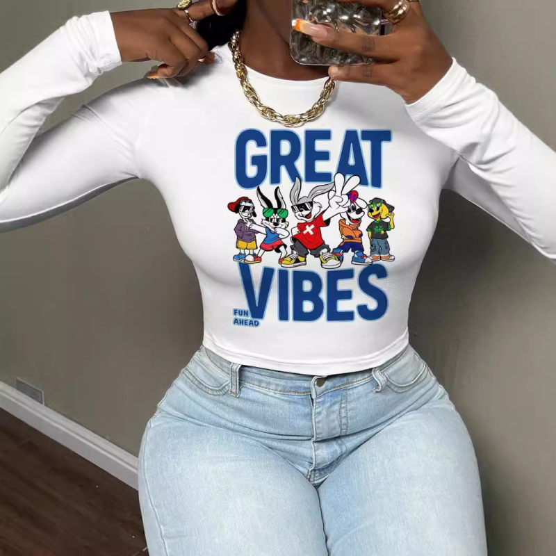 2024 m. rudens ir žiemos nauji madingi moteriški ilgomis rankovėmis marškinėliai, ploni laisvalaikio stiliaus viršutiniai marškinėliai