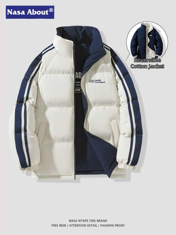 Παλτό διπλής όψης με πούπουλα και βαμβάκι NASA για άνδρες, Φθινόπωρο και Χειμώνας 2024, Μοντέρνο παλτό για ζευγάρια, με χοντρό τελείωμα, χαλαρό παλτό με χοντρό τελείωμα, παλτό με βαμβάκι