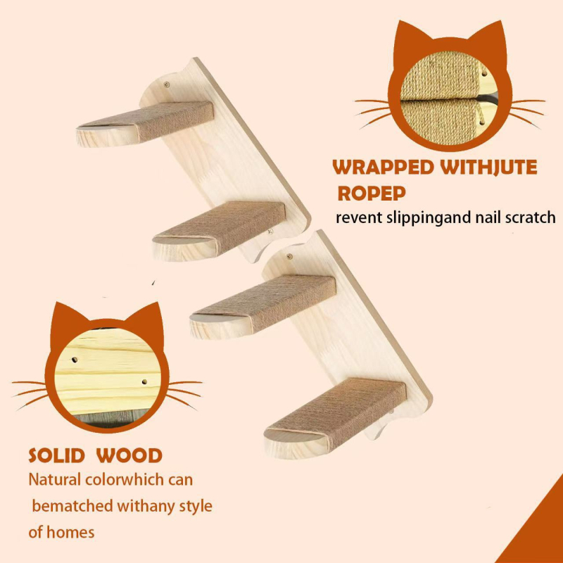 Medžio masyvo kopėčios katėms, laiptai katėms, medinė šokinėjimo platforma katėms, laipiojimo stovas, tvirtinamas prie sienos, be vinių, neužima vietos klijais