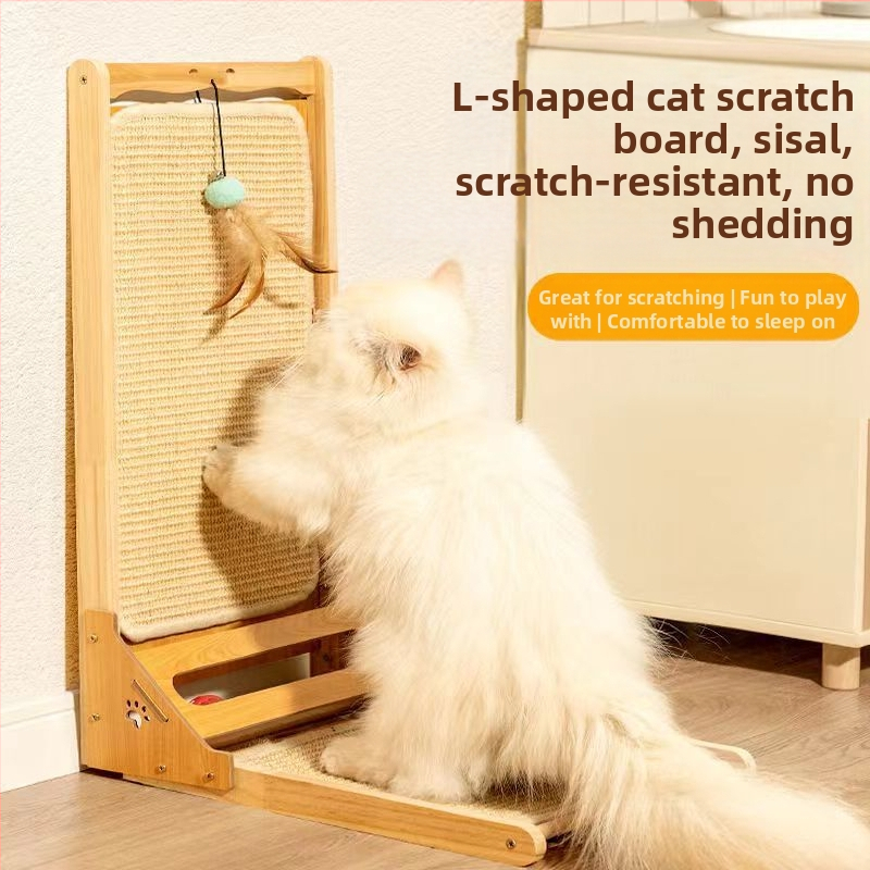 Дъска за драскане на котки от масивна дървесина сизал, L-образна вертикална, устойчива на износване, без чипове, голяма, за драскане на котки, дъска за драскане на котки, играчка за драскане с нокът