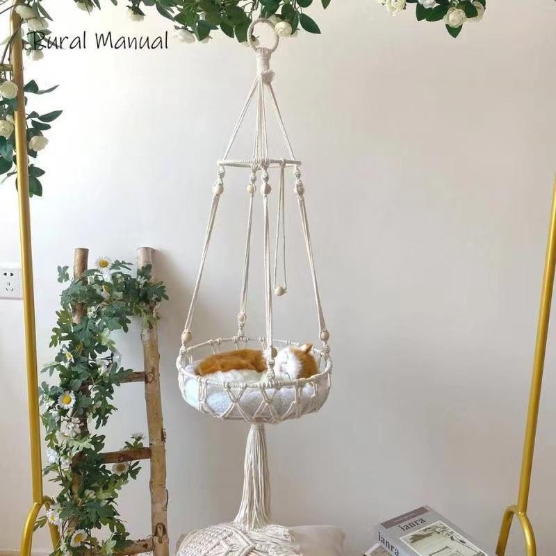 Ručno pletena viseća košara za kućne ljubimce, ljuljačka, boemska mačka, univerzalna mrežasta vrećica za četiri godišnja doba, viseća viseća mreža za mačke