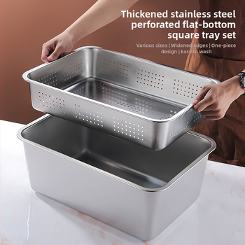 Tavă pătrată cu fund plat din oțel inoxidabil, tavă dreptunghiulară comercială, adâncire, perforare, bazin pătrat, bazin de scurgere, costum, bazin pentru legume prăjite