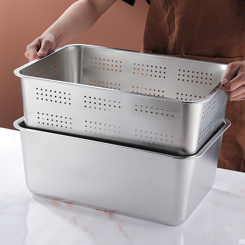 Tavă pătrată cu fund plat din oțel inoxidabil, tavă dreptunghiulară comercială, adâncire, perforare, bazin pătrat, bazin de scurgere, costum, bazin pentru legume prăjite