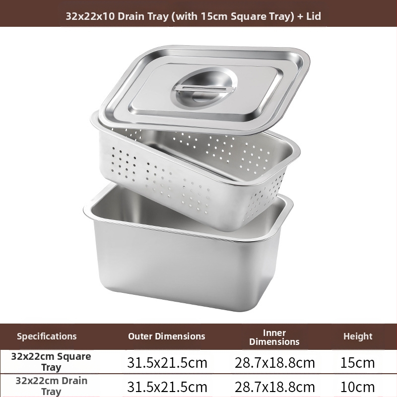 Tavă pătrată cu fund plat din oțel inoxidabil, tavă dreptunghiulară comercială, adâncire, perforare, bazin pătrat, bazin de scurgere, costum, bazin pentru legume prăjite