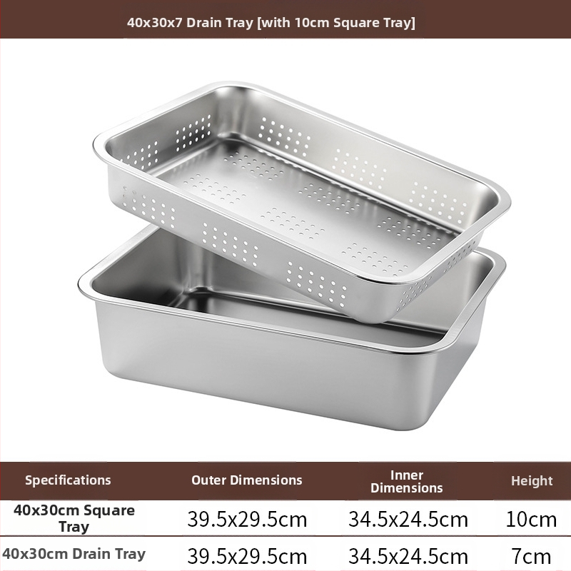 Tavă pătrată cu fund plat din oțel inoxidabil, tavă dreptunghiulară comercială, adâncire, perforare, bazin pătrat, bazin de scurgere, costum, bazin pentru legume prăjite