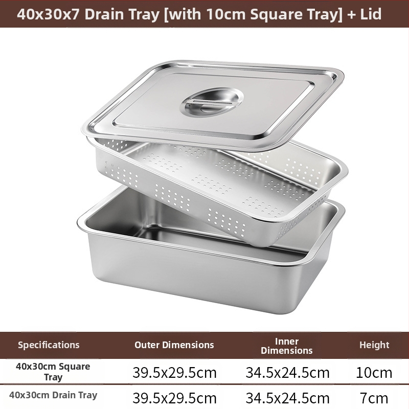 Tavă pătrată cu fund plat din oțel inoxidabil, tavă dreptunghiulară comercială, adâncire, perforare, bazin pătrat, bazin de scurgere, costum, bazin pentru legume prăjite