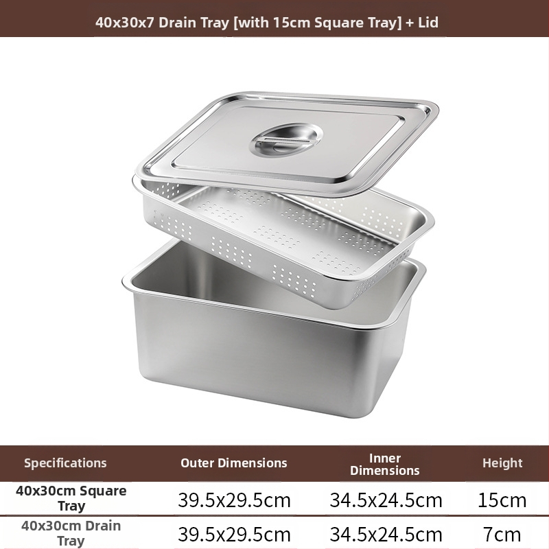 Tavă pătrată cu fund plat din oțel inoxidabil, tavă dreptunghiulară comercială, adâncire, perforare, bazin pătrat, bazin de scurgere, costum, bazin pentru legume prăjite