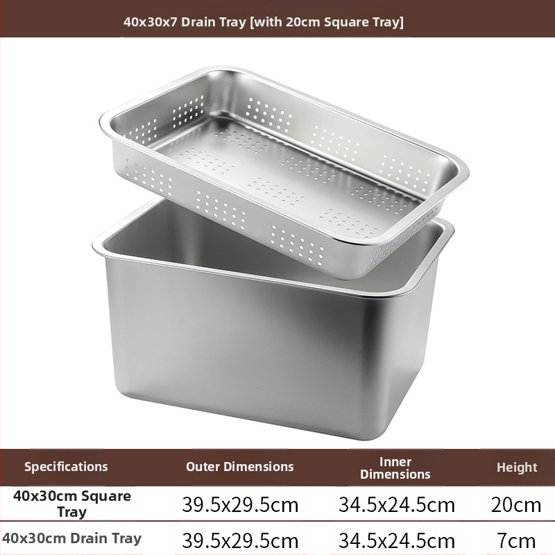 Tavă pătrată cu fund plat din oțel inoxidabil, tavă dreptunghiulară comercială, adâncire, perforare, bazin pătrat, bazin de scurgere, costum, bazin pentru legume prăjite