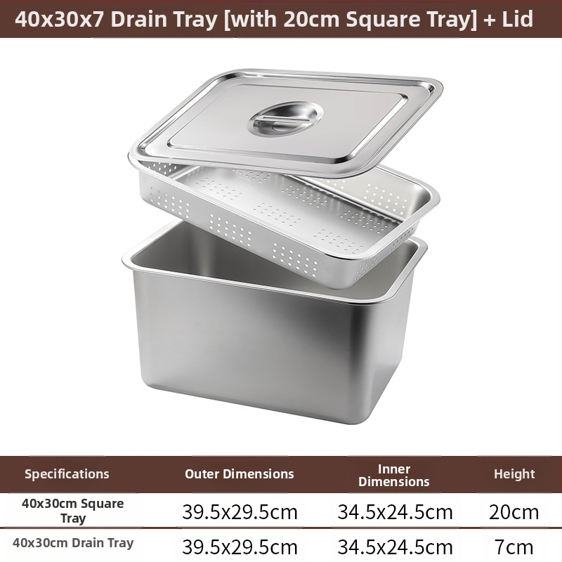 Tavă pătrată cu fund plat din oțel inoxidabil, tavă dreptunghiulară comercială, adâncire, perforare, bazin pătrat, bazin de scurgere, costum, bazin pentru legume prăjite