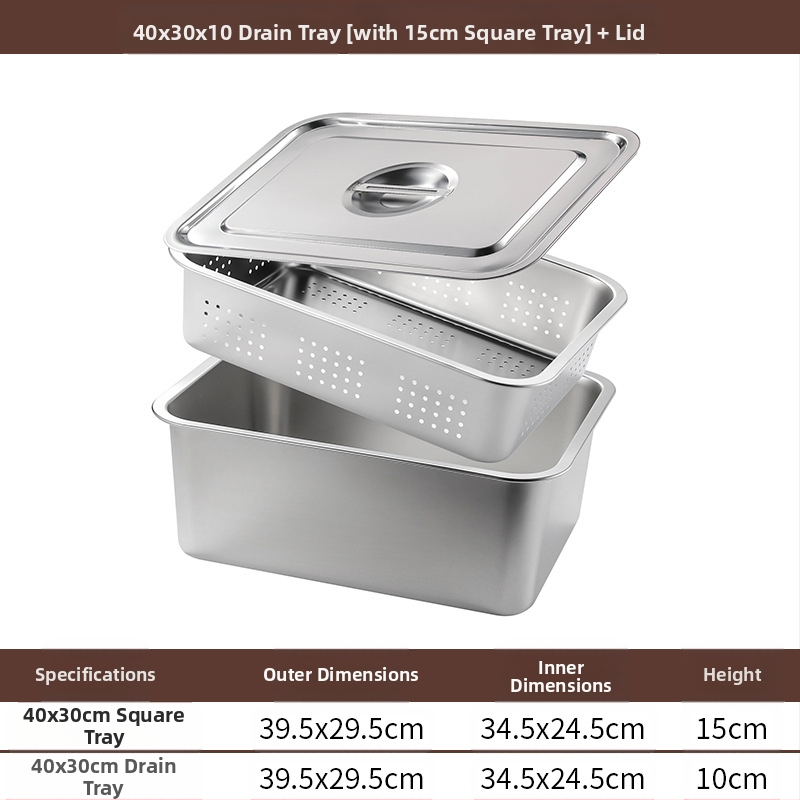 Tavă pătrată cu fund plat din oțel inoxidabil, tavă dreptunghiulară comercială, adâncire, perforare, bazin pătrat, bazin de scurgere, costum, bazin pentru legume prăjite