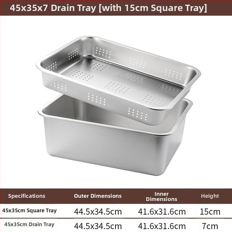 Tavă pătrată cu fund plat din oțel inoxidabil, tavă dreptunghiulară comercială, adâncire, perforare, bazin pătrat, bazin de scurgere, costum, bazin pentru legume prăjite