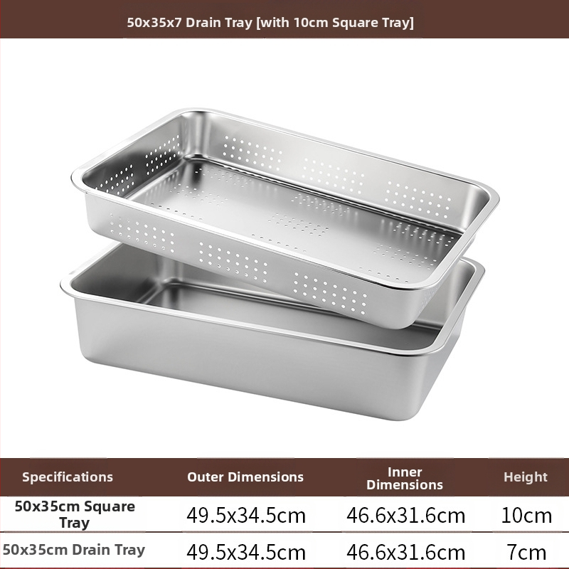 Tavă pătrată cu fund plat din oțel inoxidabil, tavă dreptunghiulară comercială, adâncire, perforare, bazin pătrat, bazin de scurgere, costum, bazin pentru legume prăjite