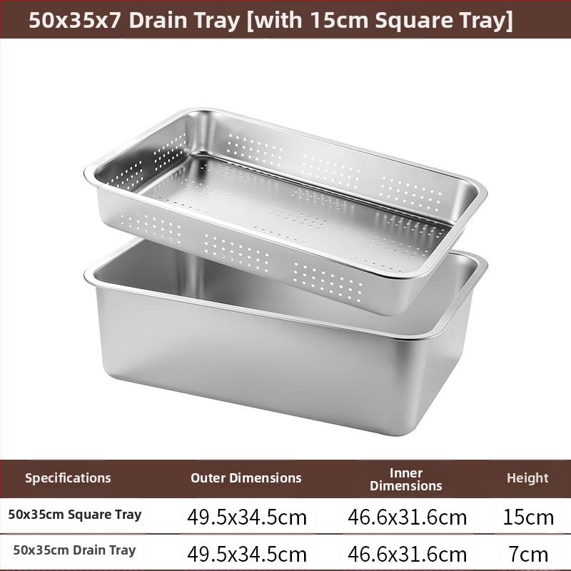 Tavă pătrată cu fund plat din oțel inoxidabil, tavă dreptunghiulară comercială, adâncire, perforare, bazin pătrat, bazin de scurgere, costum, bazin pentru legume prăjite