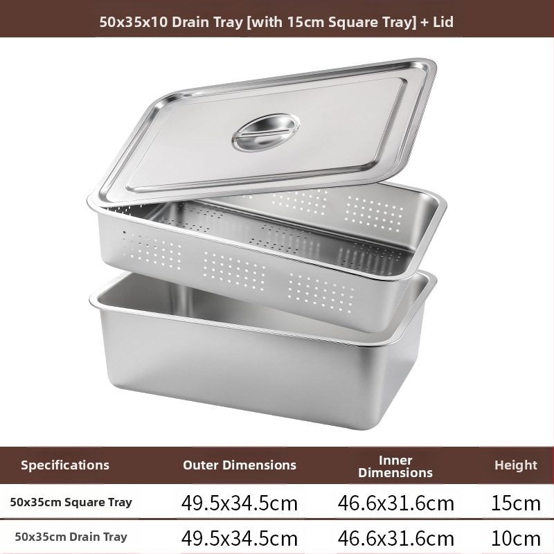 Tavă pătrată cu fund plat din oțel inoxidabil, tavă dreptunghiulară comercială, adâncire, perforare, bazin pătrat, bazin de scurgere, costum, bazin pentru legume prăjite