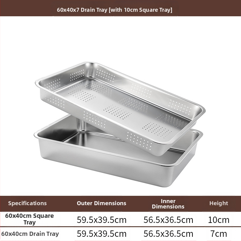 Tavă pătrată cu fund plat din oțel inoxidabil, tavă dreptunghiulară comercială, adâncire, perforare, bazin pătrat, bazin de scurgere, costum, bazin pentru legume prăjite