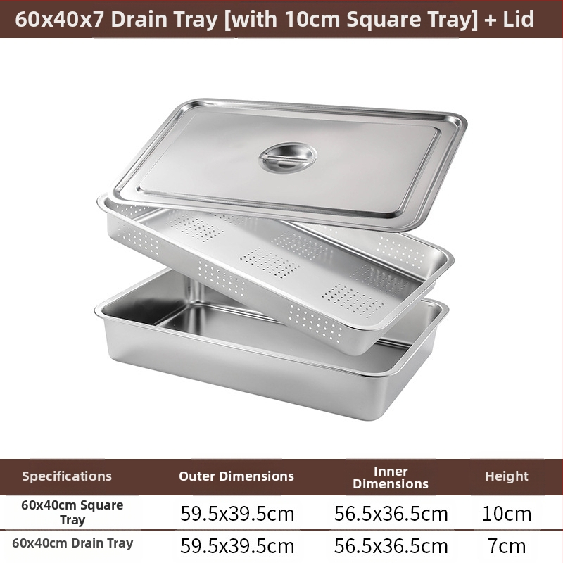 Tavă pătrată cu fund plat din oțel inoxidabil, tavă dreptunghiulară comercială, adâncire, perforare, bazin pătrat, bazin de scurgere, costum, bazin pentru legume prăjite