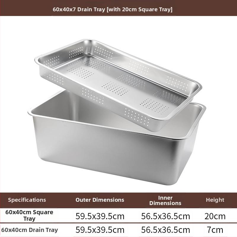 Tavă pătrată cu fund plat din oțel inoxidabil, tavă dreptunghiulară comercială, adâncire, perforare, bazin pătrat, bazin de scurgere, costum, bazin pentru legume prăjite