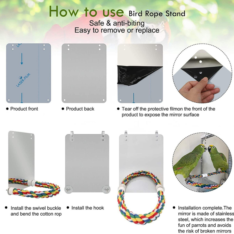 Огледало за птици, акрилно памучно въже, стойка за пръчки ... играчка за птици, консумативи за птици, образователна играчка за хапане от папагал.