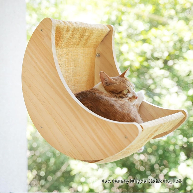 Medinis mėnulio formos hamakas katėms ant palangės, kačių guolis, prie sienos tvirtinamas kačių guolis, palangė, žaislas katėms laipioti, medinis kačių guolis patalpoms