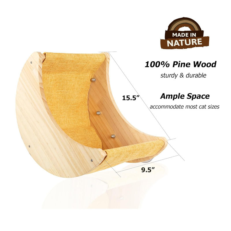 Medinis mėnulio formos hamakas katėms ant palangės, kačių guolis, prie sienos tvirtinamas kačių guolis, palangė, žaislas katėms laipioti, medinis kačių guolis patalpoms