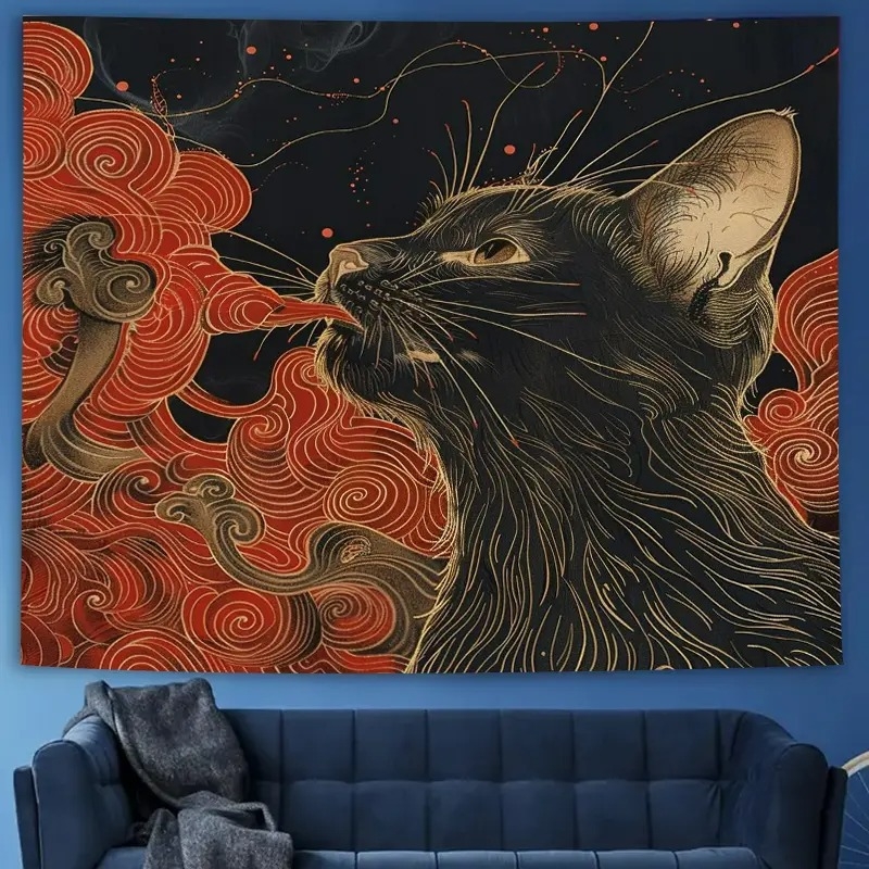 Japoniško stiliaus juodos katės rašto gobelenas suasmenintas kūrybingas gobelenas miegamasis svetainė namai sienos fonas dekoratyvinis gobelenas