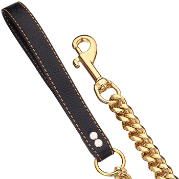 15 mm-es rozsdamentes acél kutyalánc, acél színű/arany színű, kényelmes, kézhasználatot nem igénylő kutyáknak, fekete bőrből készült, hatos kötéllel.