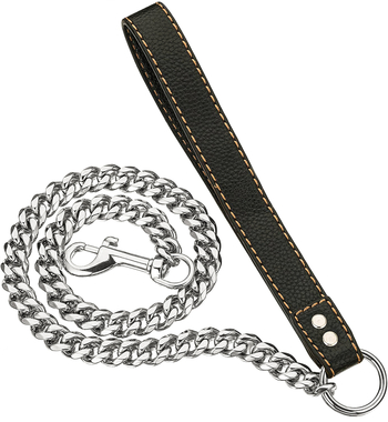 15 mm-es rozsdamentes acél kutyalánc, acél színű/arany színű, kényelmes, kézhasználatot nem igénylő kutyáknak, fekete bőrből készült, hatos kötéllel.