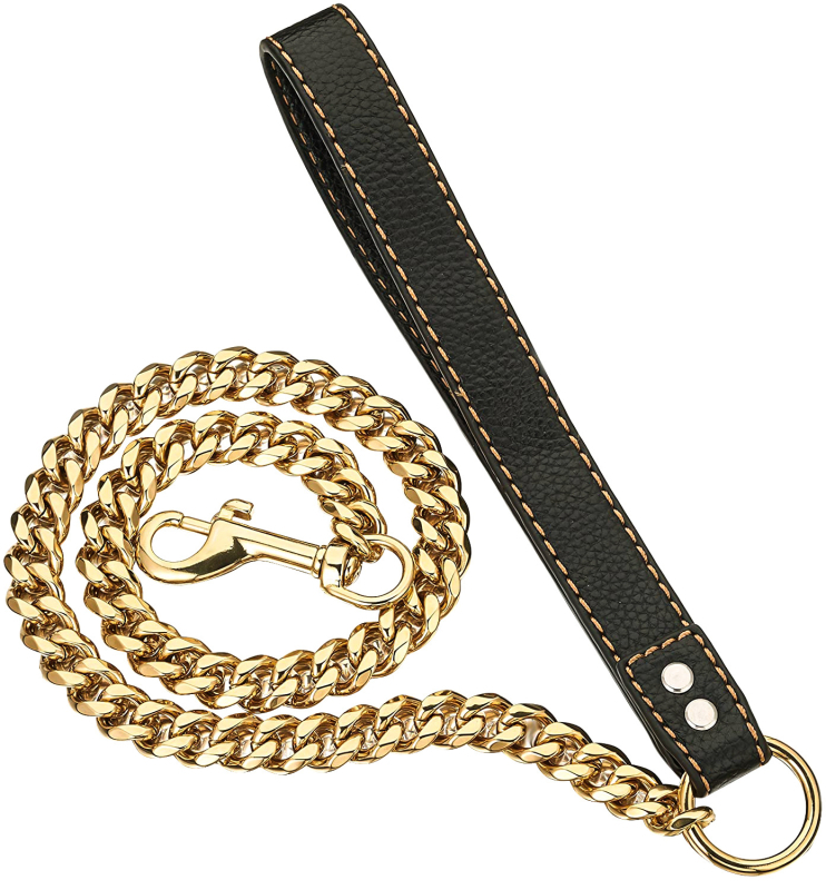 15 mm-es rozsdamentes acél kutyalánc, acél színű/arany színű, kényelmes, kézhasználatot nem igénylő kutyáknak, fekete bőrből készült, hatos kötéllel.