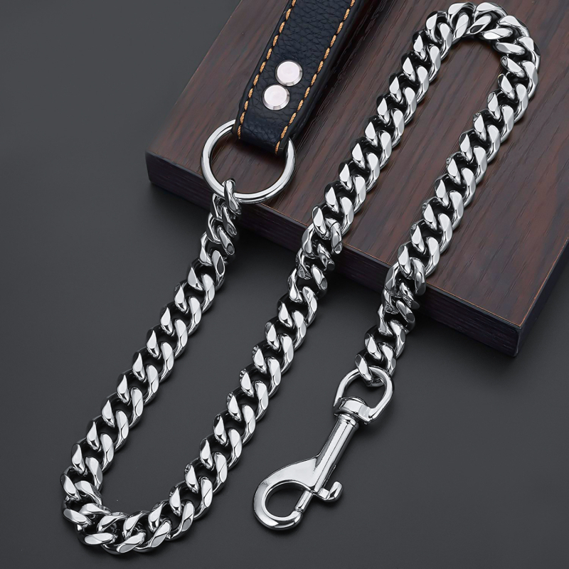 15 mm-es rozsdamentes acél kutyalánc, acél színű/arany színű, kényelmes, kézhasználatot nem igénylő kutyáknak, fekete bőrből készült, hatos kötéllel.