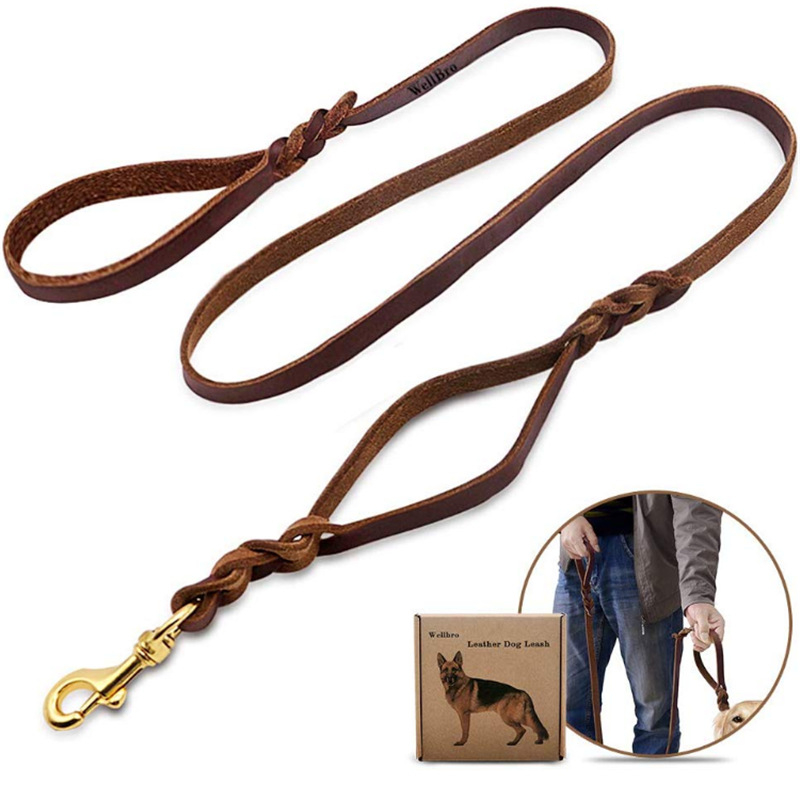 Povodac za pse od prave kože, pleteni kožni povodac za pse s dvostrukom ručkom, povodac za pse od kravlje kože, povodac za kućne ljubimce