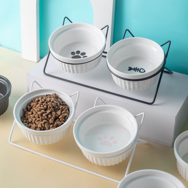 Kerámia macskatál macskaeledel tál kutyatál itatótál etetőtál védelem nyaki kerámia dupla macskatál kisállat-kellékek