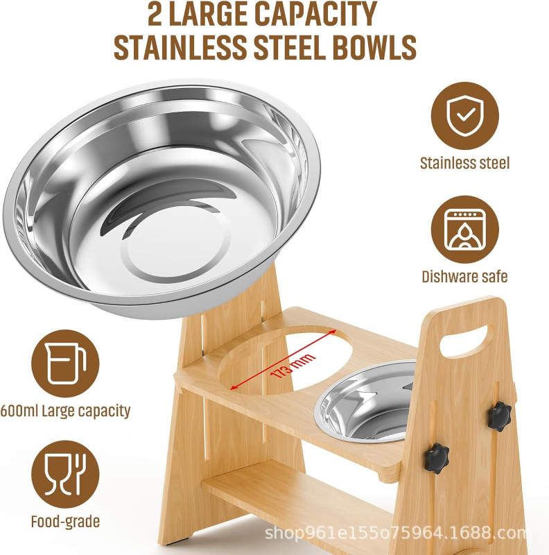 Tömörfa etetőállvány, határokon átnyúló védelemmel, nyaki gerincvédelemmel, kisállat tál, univerzális, állítható magasságú macskatál, dupla tállal, kutyatál