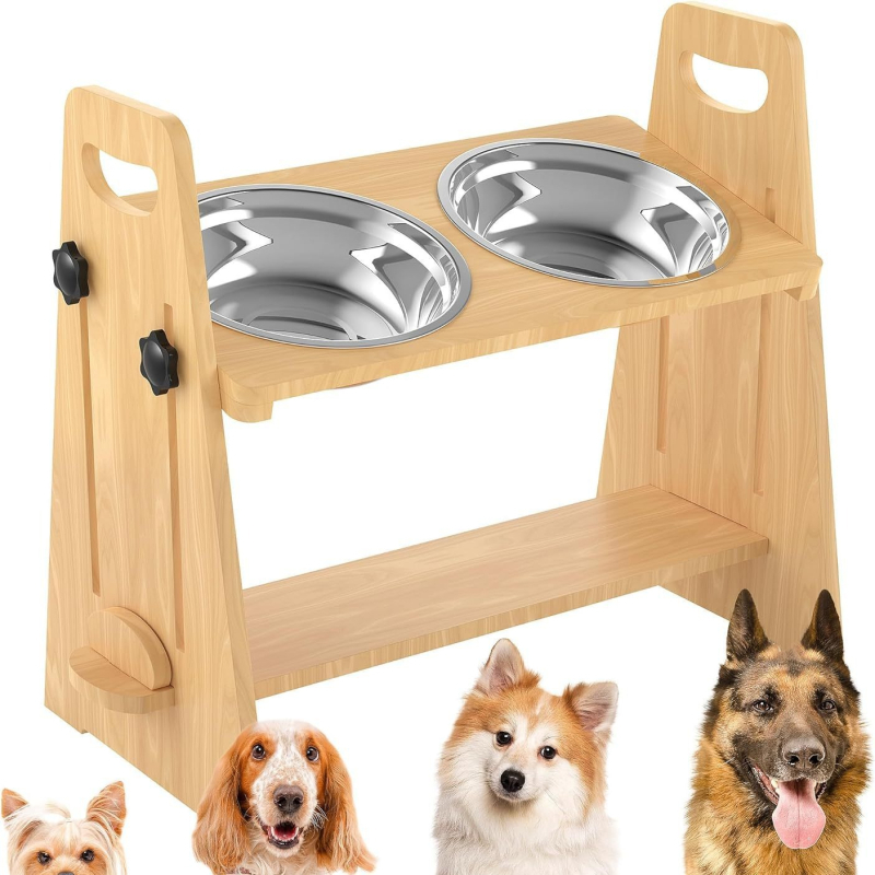 Tömörfa etetőállvány, határokon átnyúló védelemmel, nyaki gerincvédelemmel, kisállat tál, univerzális, állítható magasságú macskatál, dupla tállal, kutyatál