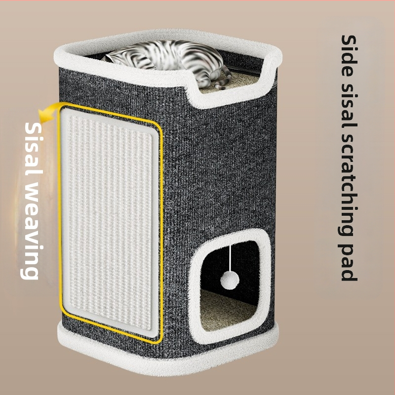 Котешко гнездо, рамка за катерене за котки, котешко дърво, интегрирана дъска за драскане за котки, универсално зимно топло, полузатворено, двуслойно, от сизал