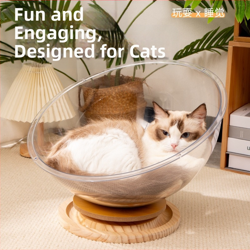 Macska forgó koronggal ellátott kapszula alakú átlátszó akril macskafészek nyitott szellőzésű vízálló és nedvességálló nagy tér négy évszakra