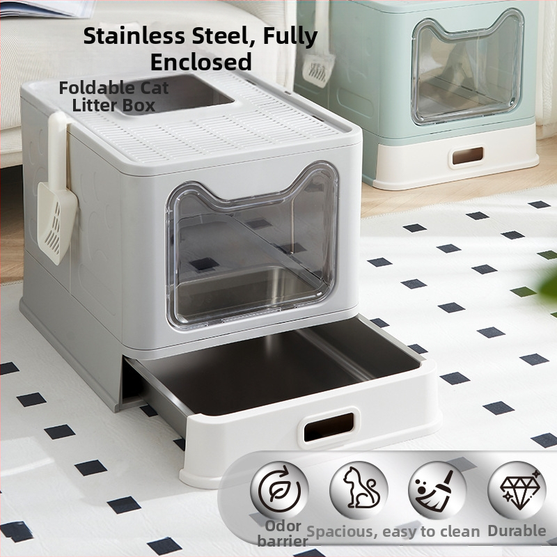 Sklopiva kutija za pijesak od nehrđajućeg čelika s prednjim gornjim dijelom, otporna na prskanje, potpuno zatvorena, mačji WC s velikom ladicom