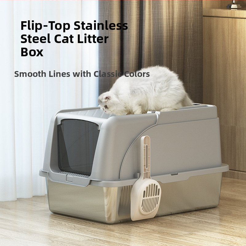 Sklopiva kutija za pijesak od nehrđajućeg čelika s prednjim gornjim dijelom, otporna na prskanje, potpuno zatvorena, mačji WC s velikom ladicom
