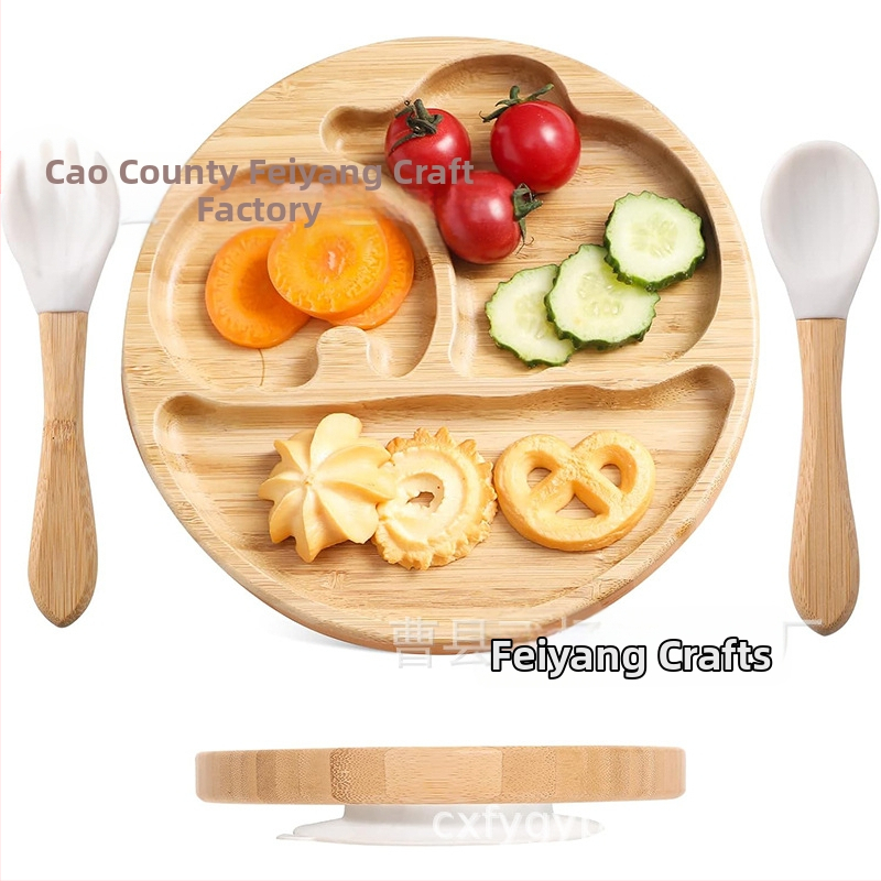 Medinė vaikiška animacinių filmukų vakarienės lėkštė kūdikių maitinimo maisto papildoma vakarienės lėkštė silikoninis siurbtukas fiksuotas siurbtukas kūdikiui bambukinis vakarienės lėkštė